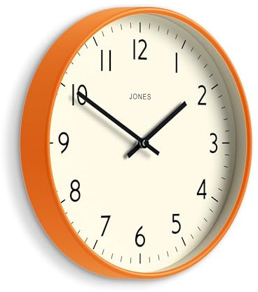 JONES CLOCKS® Studio wall Clock | Modern Round Style | 12 inch | Orange | Easy to Read Numbers | Versatile Design for Kitchen, Living Room or Office