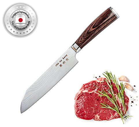 ChaNoHana Damast Santoku-Messer mit Echtholz-Pakkagriff | VG10 Damaststahl-Klinge 67 Lagen | Allzweckmesser | Chef-Messer| Küchenmesser | Kochmesser | Japan-Messer