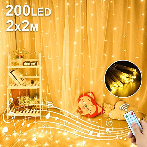 LED USB Lichtervorhang 2M x 2M, 200 LED USB Lichterkettenvorhang mit 8 Modi Fernbedien IP65 Wasserdicht LED Lichterkette für Schlafzimmer Hochzeit Partydekoration deko Weihnachten Innen und Außen