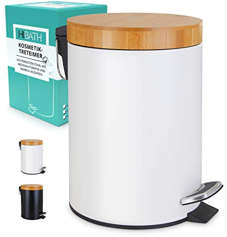 HIBATH® Sminkhink i rostfritt stål med bambulock (5 liter, vit) – badrumsavfallskorg med automatisk sänkning – praktisk papperskorg – WC-pedalhink