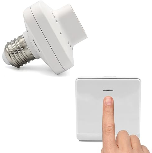 Kit interruptor de control inalámbrico ni batería con adaptador de enchufe E27 conectado, funciona con energía cinética, mando a distancia ON/OFF para lámpara bombilla LED, alcance 50 m, color blanco