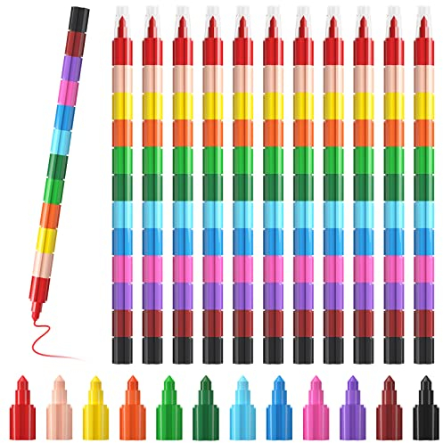 ECHOCUBE 12 Stück Stapelbare Buntstifte Kinder, Regenbogen Baustein Set für Junge & Mädchen, Steckbare Malstifte Wachsmalstifte für Geburtstag Gefälligkeiten & Party Geschenke