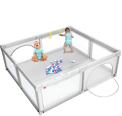Costway 206 x 185,5 cm baby-lekhage med 50 lekbollar, lekhage med ventilerande nät och dragkedja, krypställning med 2 dörrar, lekgaller för spädbarn och barn (grå)