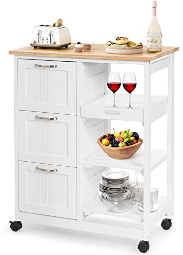 GOPLUS Carrito de Cocina de Madera con 3 Cajones y 3 Niveles | Carro Auxiliar con Bandeja Extraíble y Freno, Ideal para Cocina, Salón, Pasillo, 67 x 37 x 83,5 cm, Blanco y Natural