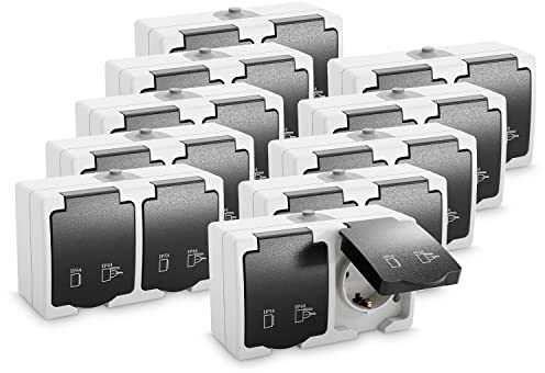 greate 10x Feuchtraum Steckdose Aufputz 2fach - Doppelsteckdose Aufputz mit Klappdeckel IP44, 250V, 16A, 2 polig - Aufputzsteckdose 2fach, Feuchtraumsteckdosen Aufputz, Steckdose Aussenbereich