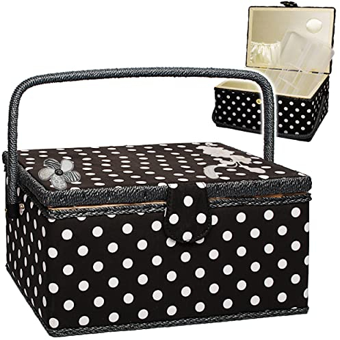 alles-meine.de GmbH großer XL Nähkorb - mit Fächer - Einsatz und Nadelkissen - 2. Wahl - Punkte schwarz weiß - Nähkästchen Nähkasten - bunt Handarbeitskorb für Frauen