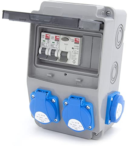 ELS Elektrotechnika répartiteur de chantier filaire répartiteur mural répartiteur de courant avec fusibles et prises 4x230V + disjoncteurs miniatures C16 1 pôle, IP54, pour intérieur/extérieur