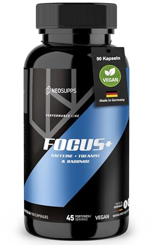 NEOSUPPS Focus+ Booster Caps I 90 Hochdosierte Fokus Kapseln mit Koffein, L-Theanin & Bacoside I Perfekt für vor dem Training oder beim Lernen