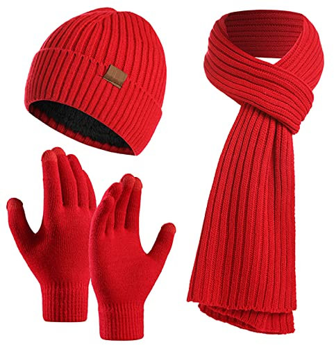 Kunyeah Mütze Schal Handschuhe Set Warm StrickmüTze Hut Lang Schal Touchscreen Handschuh Winter Accessoires für Herren Damen…