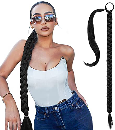 NASHRIO Braid Extensions Mit Gummiband, Gerade Umwickelter Pferdeschwanz Zöpfe, 80 cm Lang Ponytail Geflochten Kunsthaar Haarverlängerung für Damen Mädchen, Schwarz