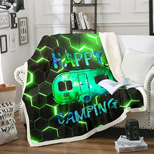 Geometrische Rv Auto Fleece Decke 150x200cm Jungen Camping Thema Wurf Decke Kinder Camper Bunks Dekor, Schwarz Grün Neon Licht Honigwabe Sherpa Decke Sommer Camp Plüsch Flanell Decke
