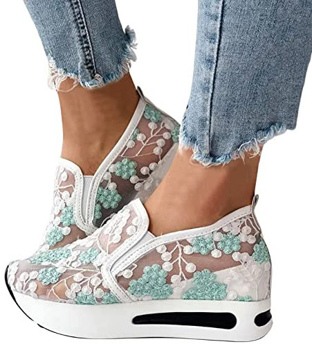 KBOPLEMQ Sneaker Damen Pailletten Keilabsatz Schuhe Atmungsaktive Ausgeschnittene Spitze Stoffschuhe Frauen Laufschuhe Sommer Outdoor Slip On Walkingschuhe Glitzer Loafers