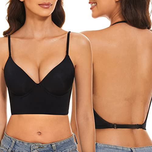 SEAGETTINO BH mit niedrigem Rücken für Frauen, Push-Up, tiefer V-Ausschnitt, tiefer rückenfreier BH, Multiway-Träger, wandelbarer BH, Draht-Hebe-BH in Schwarz, Größe 36/80C