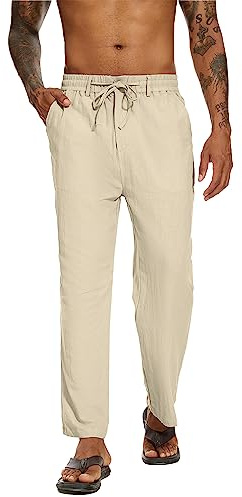 YAOBAOLE Pantalon en Lin Homme Eté Pantalon Lin Homme Regular Yoga Placket Zipper Kaki L