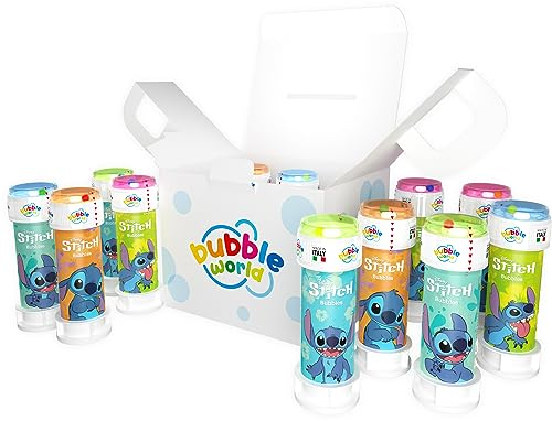 Bubble World - Stitch Party Pack - 12 Flaschen Blasen - 60 ml - Einfarbige Tuben und integriertes Gebläse - Perfekt für Geburtstagsfeiern für Ihr Kind und Seine Freunde - Made in Italy