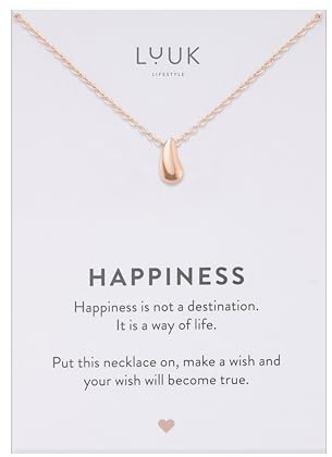 LUUK LIFESTYLE Feminine Halsketten aus Edelstahl mit schlichten Anhängern in zeitlosem Design, Glücksbringer, alltagstauglich und langlebig, HAPPINESS Spruchkarte, Geschenk, Silber, Gold, Roségold