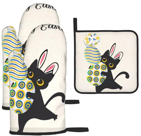 Ensemble de gants de cuisine et maniques imprimés chat noir résistants à la chaleur pour la cuisine, la pâtisserie, le barbecue