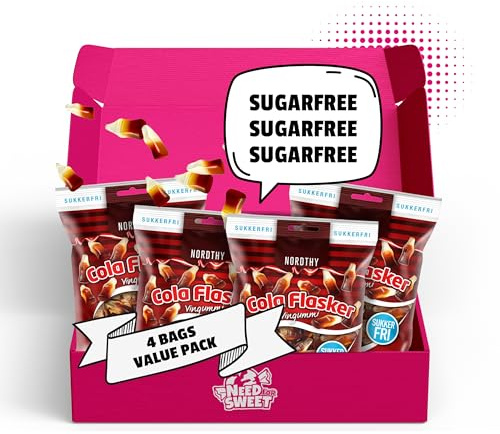 Nordthy Sockerfria Colaflaskor Godis 4 x 80g (320g) – Originalt Danskt Vingummi/Fruktgodis utan Socker – Lågkalori Gelébjörnar – Hälsosamt Snacks & Perfekt för Diabetiker