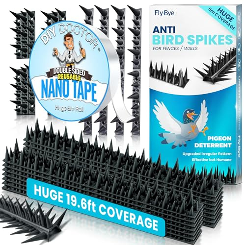 Fly-Bye Anti Bird Spikes + Nano Tape Bundle – Huge 6m Coverage with 2500 Spikes – Pigeon Deterrent for Wall & Fence – Anti Pigeon Spikes for Cats & Birds – Durable Nano Tape for Fixing