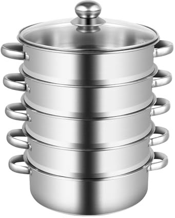 Ångpanna, stapelbar ångkokare med 4 spjäll, kastrullset med glaslock och handtag, rostfritt stål polerad ångkokningsbehållare, för matlagning, soppa, dumplings, bröd