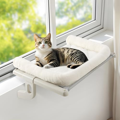 GUUSII HOME Katthängmatta Fönster Sittplats Kattunge Hängande Bädd Fönsterbräda för inomhusbruk Stor Husdjurshylla Robust Kattsäng Tvättbar Kudde Lätt att montera Ingen Borrning 63 * 38cm (Vit, L)