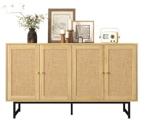 Azkoeesy Naturfarbenes Sideboard 140 cm - goldenen Griffen, 4 Türen Rattanoptik, stabile Metallbeine, Buffetschrank, Küchenschrank, für Wohnzimmer, Esszimmer, Flur