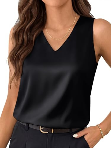 LILLUSORY Women Silk Satin Tank Top V Neck Summer Blouse Sleeveless Shirt Business Casual Dressy Outfit Vacation Clothes 2026 Black M