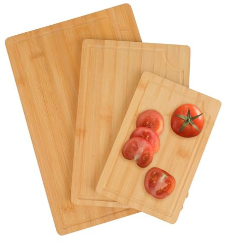 Planche à Découper en Bois de Bambou,Lot de 3 (S,M,L) - Avec Rainure à Jus, Résistante aux Rayures et Durable, Idéale pour Cuisine, Fruits, Légumes et Viande