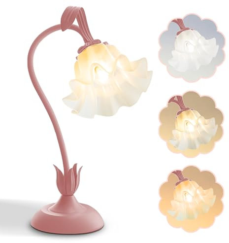Flower Table Lamp,LED Reading Light Bedside Vintage Flower Night Light,3 Colours Modes Kawaii Bedside Lamps Decor,with E27 Bulb Nightstand Lights for Living Room Office Bedroom Home Decoration (Pink)