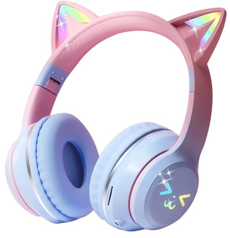 Joso Casque Bluetooth 2 en 1 pour enfants, casque filaire/sans fil avec microphone pour filles et garçons, bandeau réglable, casque pliable à oreilles de chat