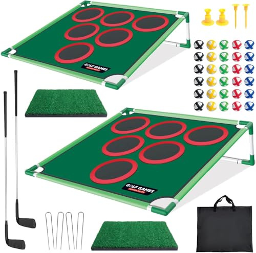 Mostop Golf Chipping Spielset,2er-Set-Yard Golf Cornhole-Spiele,Chipping-Übung Backyard BattleGolf-Spiel,inklusive 30 klebrigen Bällen,2 Schlägern,2 Putting-Matten,tolles Geschenk für Papa Golfer