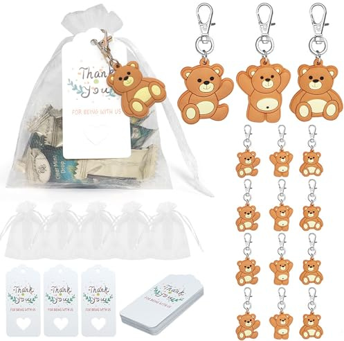 HAOBIN 15er Schlüsselanhänger Bär Anhänger Organzabeutel Kraftetikett | Gastgeschenk für Kommunion Taufe und Hochzeit, mit Organzabeutel und Kraftetikett für Taufgeschenke und Dankesgeschenke