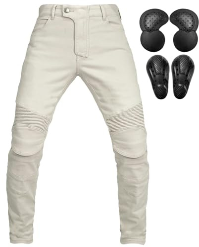 QIYUANT Motorcykelbyxor för män skyddande säkerhet stretch slitstarka jeans motocross herr dam vardaglig denim motorcykelbyxor racing ridning med uppgraderade avtagbara rustningar, Vitt, XL