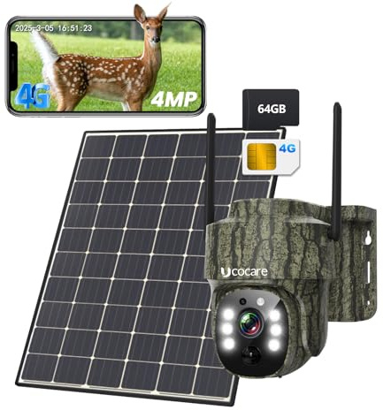 UCOCARE 4MP Wildkamera Solar mit SIM Karte, 64G-Karte, 360° 4G Überwachungskamera mit SIM Karte Solar 8W, Wildkamera mit Handyübertragung App, Erkennung, Automatisches Tracking, Farbnachtsicht, IP66