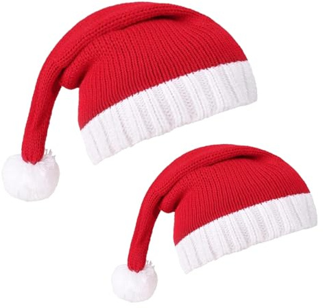 BANGTRAD 2PCS Weihnachtsmütze,Rote Nikolausmütze aus weichem Stoff,Weihnachtsmannmütze,Warme Gestrickte Weihnachtsmann Mütze für Erwachsene & Kinder