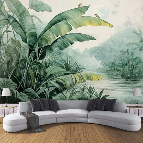 DACRWEKZ Carta da parati fotografica con foglie di banano, Piante acquerellate, 250 x 175 cm, poster grande per soggiorno, camera da letto, sfondo TV