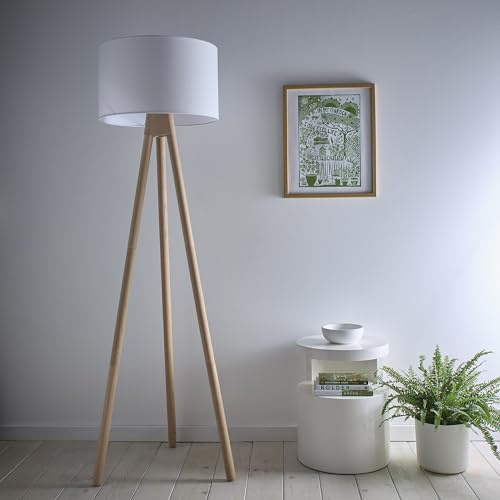 K LIVING Tall Oak Wooden Tripod Floor Lamp with a Matching Tripod Table Lamp Option and Matching White Linen Lampshades (Floor Lamp)