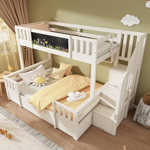 LinoraFurn Letto a castello per 3 bambini, 90 x 200 e 140 x 200 cm, in legno massello con lavagnetta, scala di archiviazione, 2 cassetti e cabina scaletta, letto a soppalco/letto a castello (bianco)