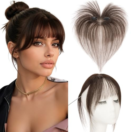 Rich Choices Clip in Pony Echthaar 100% Remy Haarteil Echthaar Pony Haarteil Clip in Hair Topper für Damen Kurz Haar Extentions 9g #2 Dunkelbraun Wispy Bangs