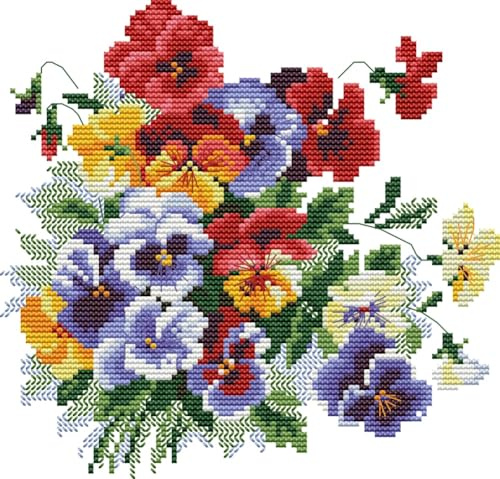 Awesocrafts Cross Stitch Stamped Kits Pansy Flower Bouquet Easy Patterns Cross Stitching Embroidery Needlework Kit Supplies