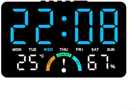 LED Electronic Clock with Large Screen Display, Digital Wall Clock with Humidity, Indoor Hygrometer Thermometer For Combo Device, Multifunctional Alarm Clock with Date for Bedroom(Blue)
