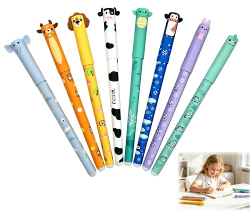 Stylo Gel Effaçable Roller Scolaire 8 Pièces 0,7mm Animaux Kawaii Cartoon Enfant Elève Bureau Ecriture Apprentissage Pointe Fine Gomme Intégrée Couleur Recharges
