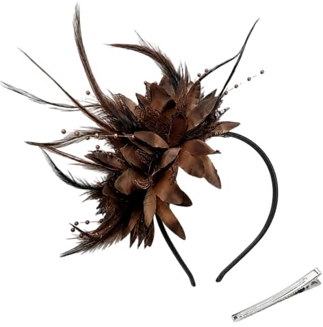Chocolate Brown Fascinators Hat for Wedding, Fascinator Headband & Forked Clip, Flower Mesh Ribbons Feathers with Feathers Cocktail Tea Party Headwear for Women and Girls (Coffee, 1PC)