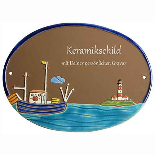 Handarbeit aus Schleswig-Holstein Keramikschild 23,5 x 17,5 cm Motiv Super großer Kutter (braun)