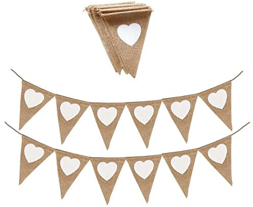 Borsgye 13 Stück Sackleinen Banner Dreieck Flagge Wimpelkette Leinen Jute Stoff Wimpel Rustikal Buchstaben Wimpel Bunting für Hochzeit Babydusche Party Geburtstag Dekoration - 2 Kette Weiß Herz
