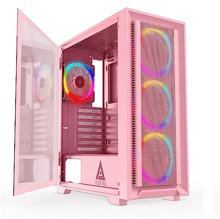 Apevia Inspire-PK Inspire Boîtier PC de Jeu ATX avec 4 Ventilateurs ARGB de 120 mm, 366 Modes d'éclairage RVB, 1 Panneau Avant en Maille métallique, 1 Panneau latéral en Verre magnétique pivotant, 2