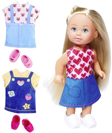 Simba Evi Love Fashion, Spielpuppe trägt EIN süßes Jeanskleid, inkl. Zwei weiteren Outfits, mit niedlichen Prints und Sneakers, 12cm, ab 3 Jahren