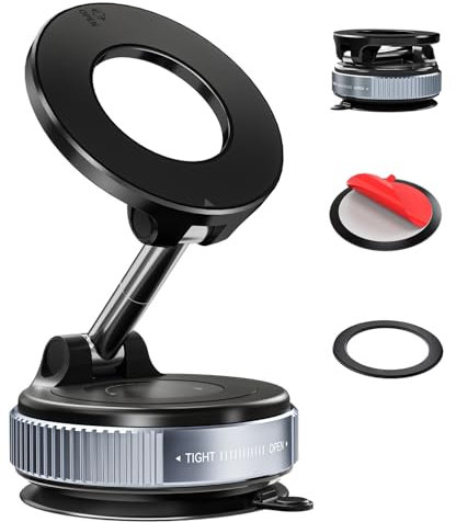 ALAFLY Soporte Móvil Magnético Coche con Ventosa [Rotación de 360° & Plegable], Metal Soporte Móvil Compatible con MagSafe iPhone, para Coche/Parabrisas/Vidrio/Cualquier Superficie Lisa, Negro