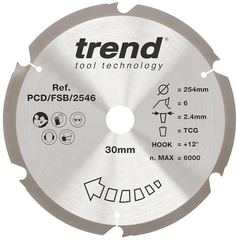 Trend Kreissägeblatt aus PKD-Faserzement, 254 mm Durchmesser, 30 mm Bohrung, 6 Zähne, 2,4 mm Schnittfuge, +12° Haken, PKD, grobe Oberfläche, PCD/FSB/2546