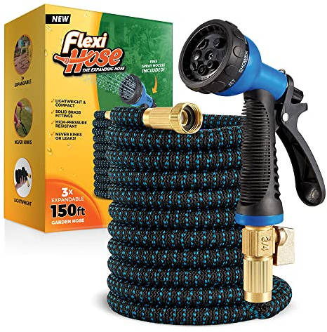 Flexi Hose Expandable Garden Hose with 8-Function Nozzle, 150FT, Black | Lightweight expandable hose with no-kink design, solid brass fittings and double latex core for reliable watering.